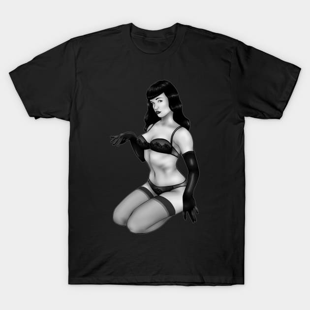 Bettie Page Pin Up Greyscale T-Shirt by ChePanArt